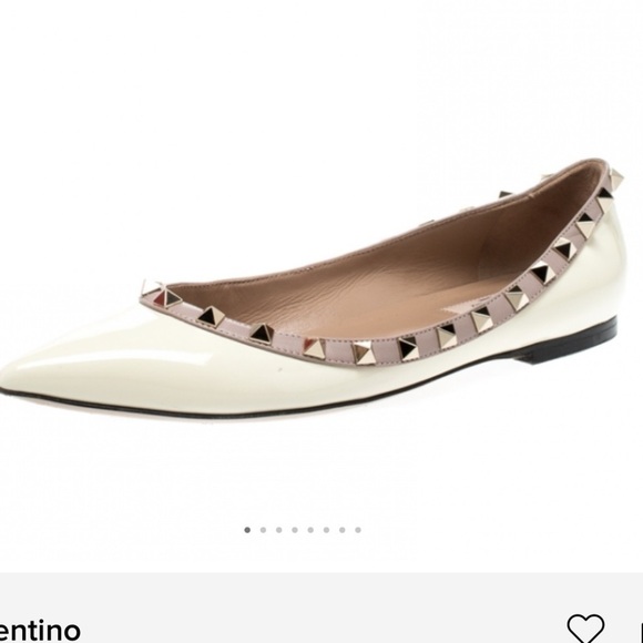 Valentino Rockstud Pointed Toe Ballerina Flats in Patent Ivory Powder - Picture 1 of 13